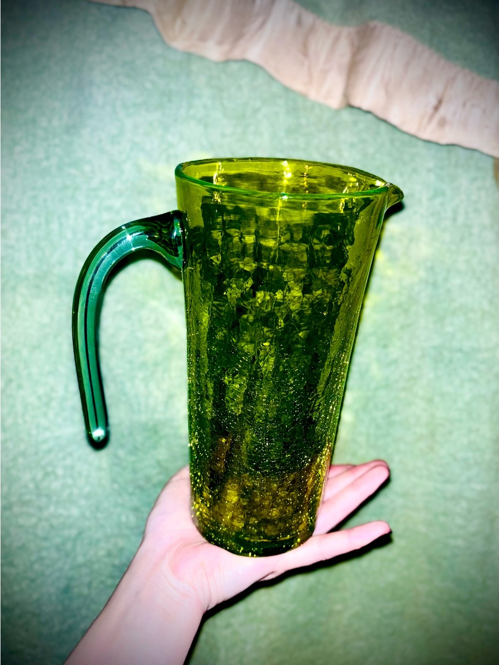 Vtg 1960s MCM Pilgrim Glass 8.5” Lime Green & Smoky Blue Crackle Pitcher